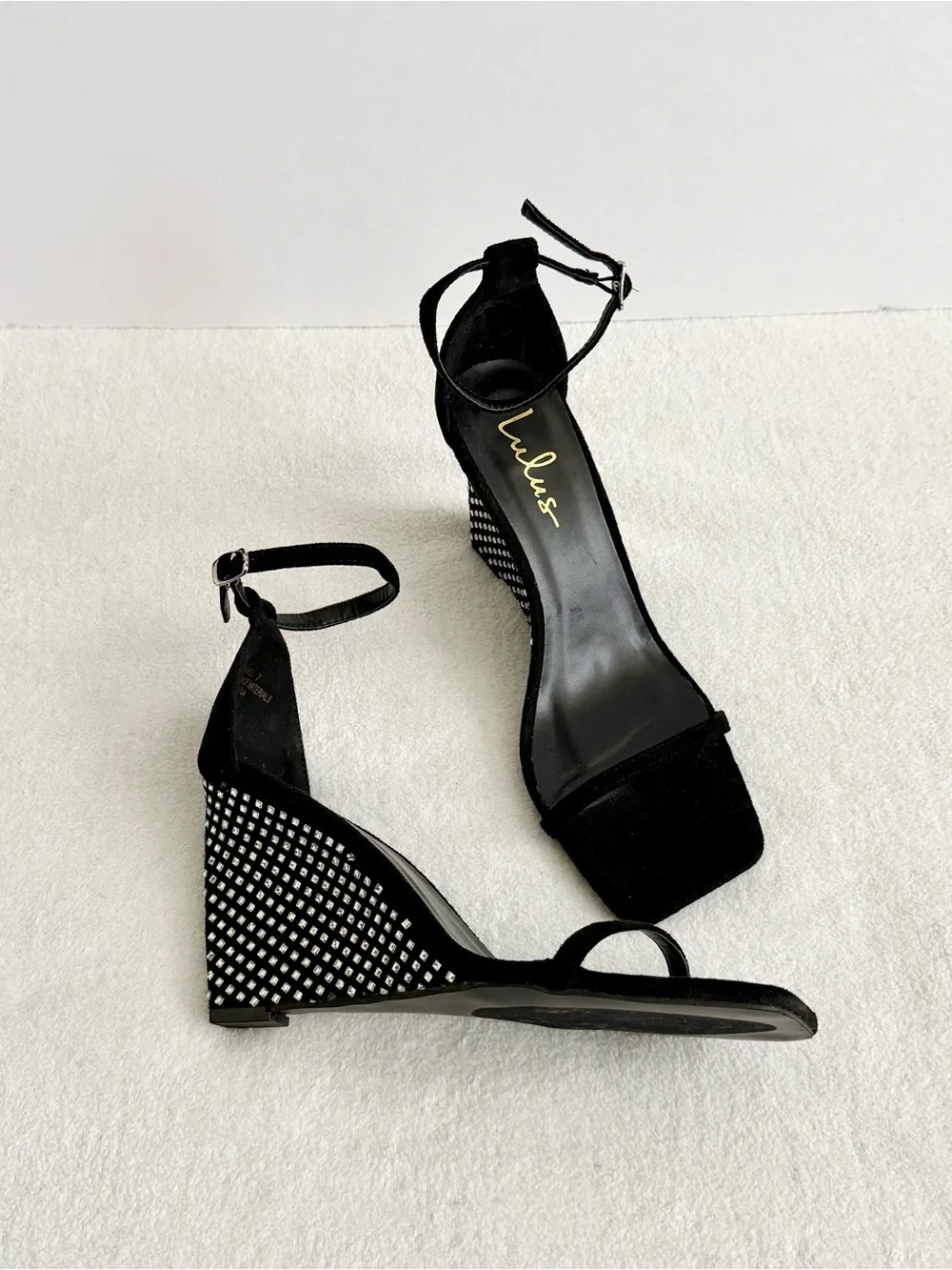 Lulus Black Rhinestone Ankle Strap Wedge Sandals Size